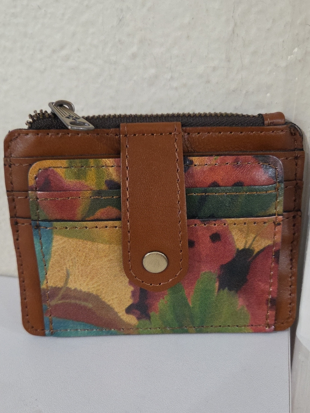 Patricia Nash Floral Multi-Color Card Holder Wallet with Brown Trim